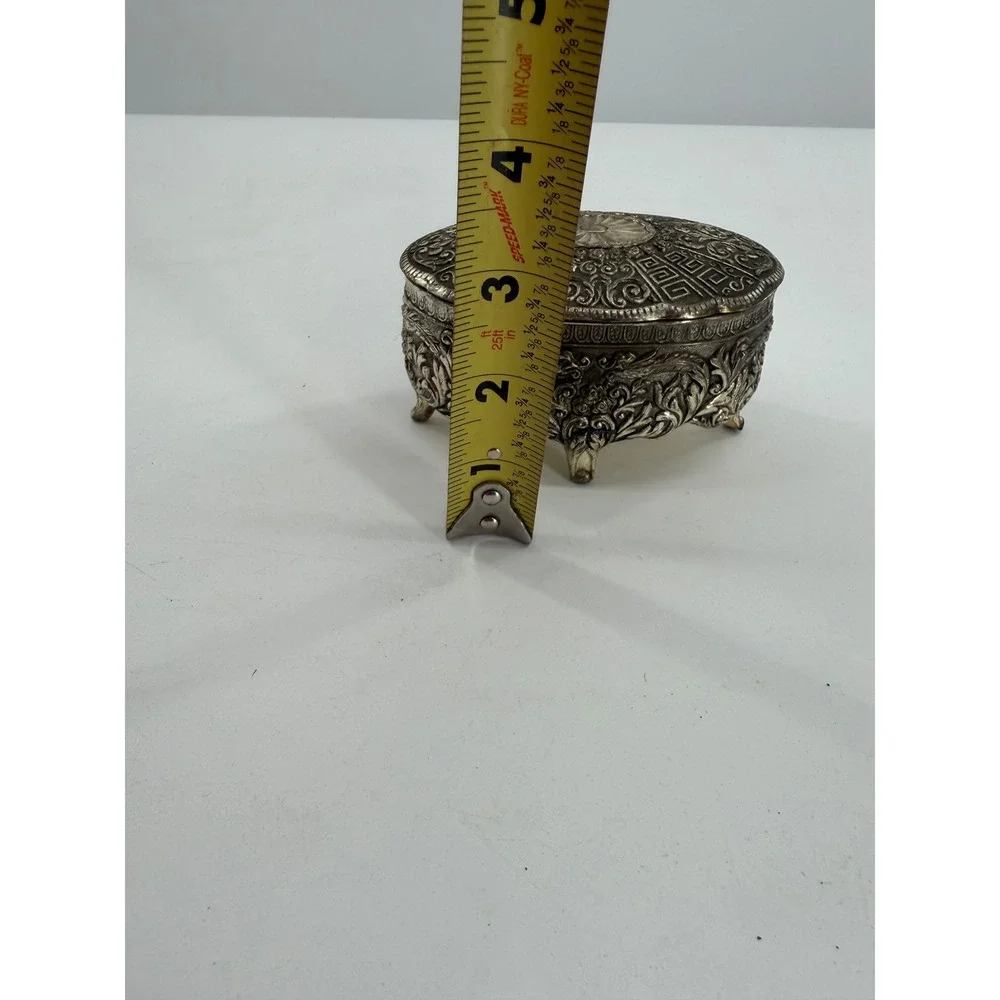Jewelry Trinket Box Silver Plate Ornate Footed Floral Greek Key Vintage